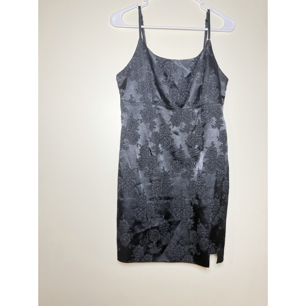 Black Satin Dress Floral Embroidery  Coquette Y2K Slip Dress Fairycore M